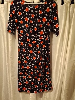 A Pea in the Pod Black and Orange Geometric Midi Dress
